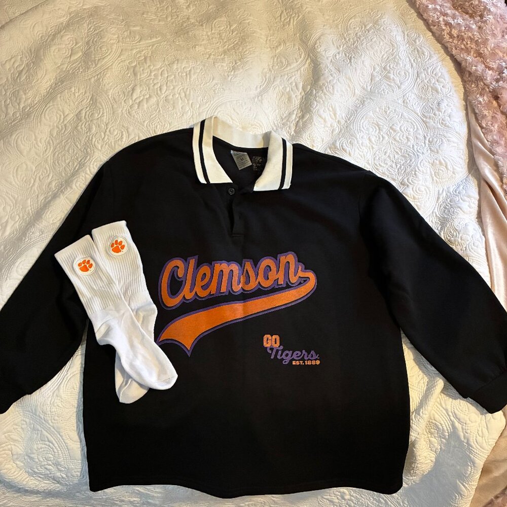 Women's Gameday Black/Orange Clemson Tigers long sleeve polo and white socks